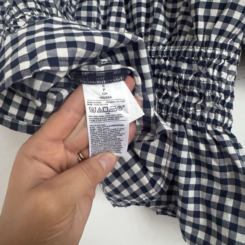 Old Navy Gingham Peplum Top Womens Small Navy White Puff Sleeve Smocked NWOT - Picture 4 of 4